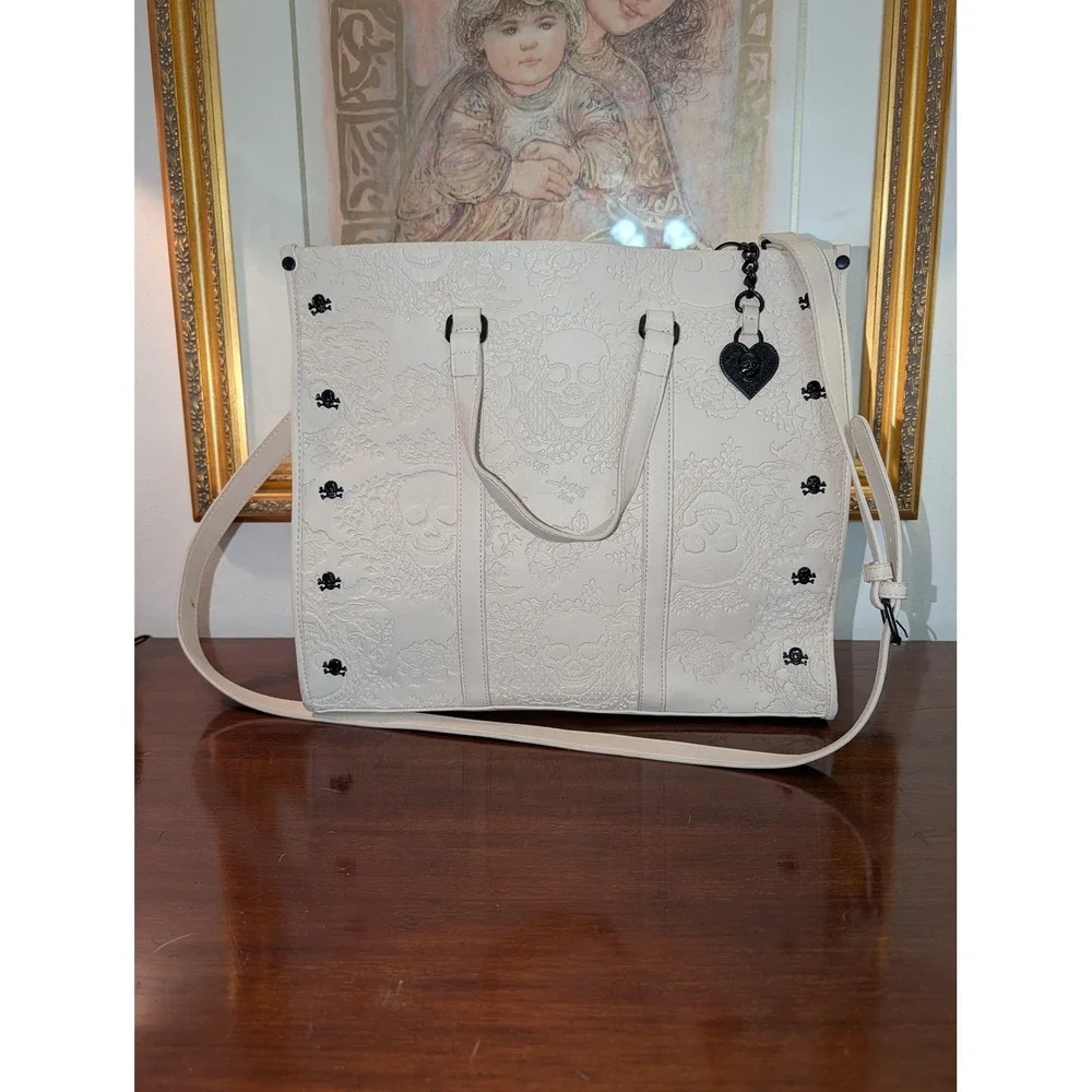 Betsey Johnson Cream Embossed Skull Floral Tote Bag Black Studded Crossbody Tote